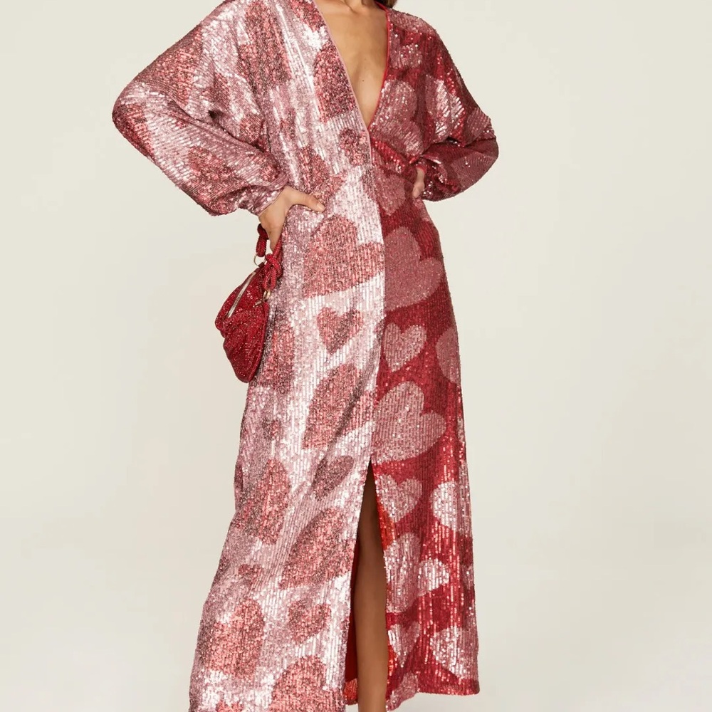 FARM Rio Pink and Red Sequin Heart Midi Dress